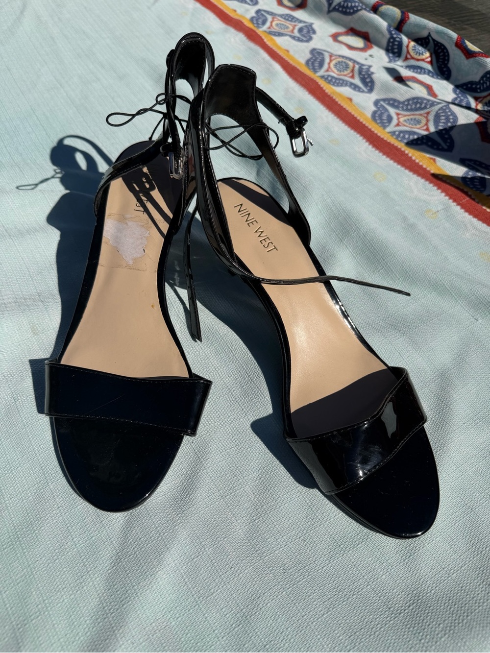 Nine West Black Patent Ankle-Tie Heeled Sandals